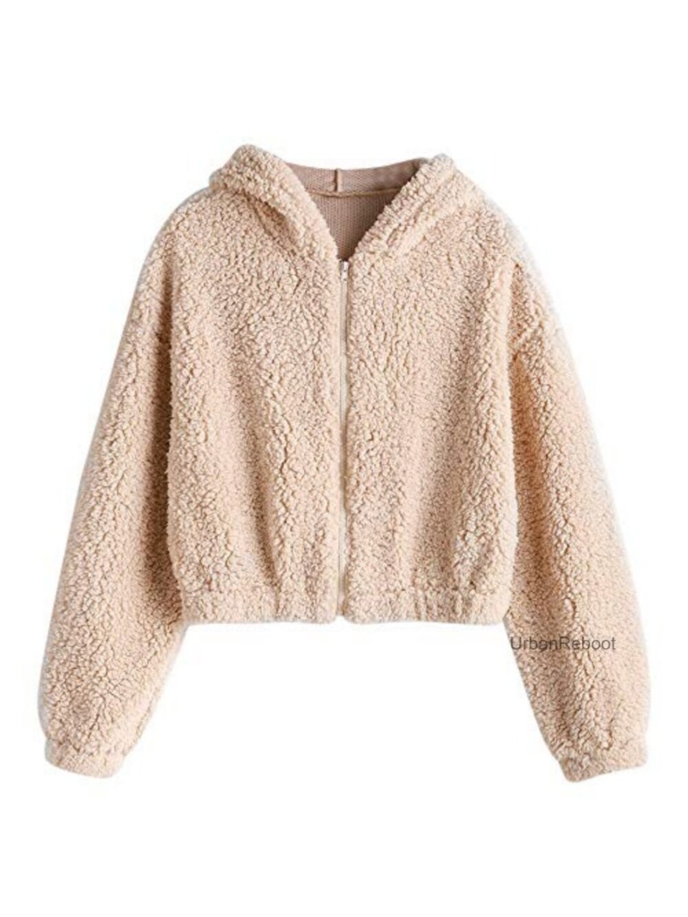 Faux Shearling Hooded Zip Up Cropped Jacket Long Sleeve Winter Coat